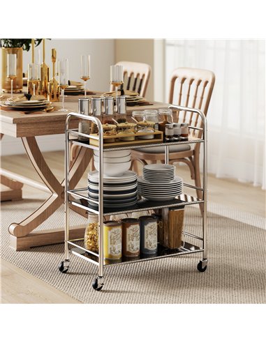HOMCOM 3 Tier Stainless Steel Kitchen Storage Trolley with Adjustable Shelf - Silver