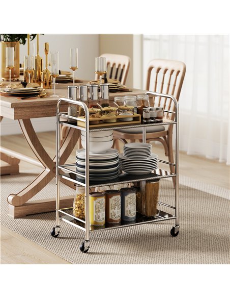 HOMCOM 3 Tier Stainless Steel Kitchen Storage Trolley with Adjustable Shelf - Silver - pic 170998 | FastDaddyshop