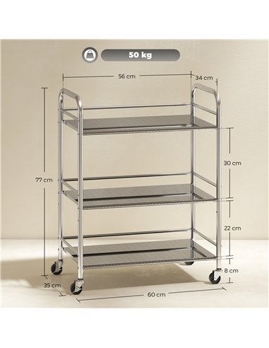 HOMCOM 3 Tier Stainless Steel Kitchen Storage Trolley with Adjustable Shelf - Silver