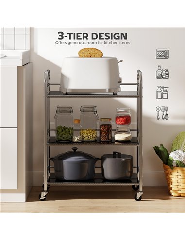 HOMCOM 3 Tier Stainless Steel Kitchen Storage Trolley with Adjustable Shelf - Silver