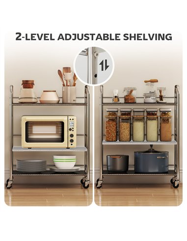 HOMCOM 3 Tier Stainless Steel Kitchen Storage Trolley with Adjustable Shelf - Silver