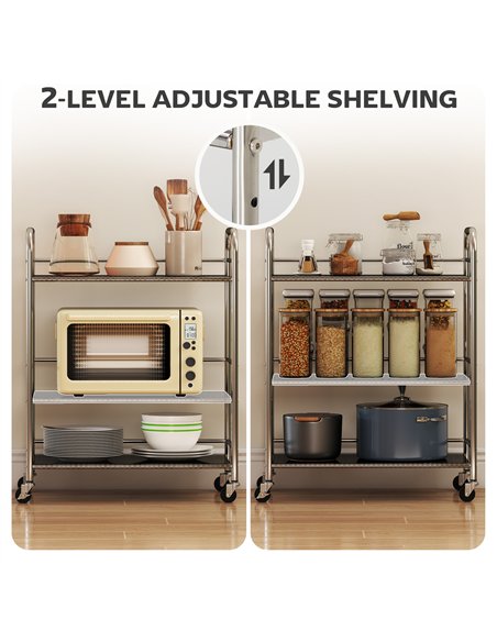 HOMCOM 3 Tier Stainless Steel Kitchen Storage Trolley with Adjustable Shelf - Silver - pic 171001 | FastDaddyshop