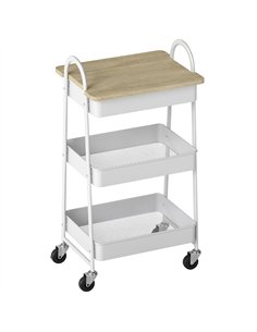 HOMCOM 3-Tier Kitchen Storage Trolley with on Wheels Cover Top Board - White and Oak
