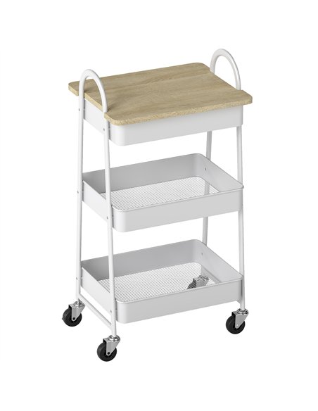 HOMCOM 3-Tier Kitchen Storage Trolley with on Wheels Cover Top Board - White and Oak - pic 171024 | FastDaddyshop