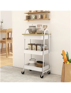 HOMCOM 3-Tier Kitchen Storage Trolley with on Wheels Cover Top Board - White and Oak 2