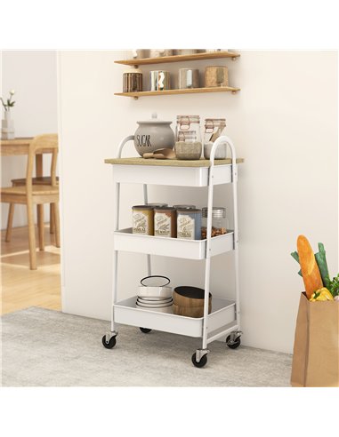 HOMCOM 3-Tier Kitchen Storage Trolley with on Wheels Cover Top Board - White and Oak