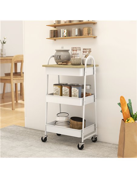 HOMCOM 3-Tier Kitchen Storage Trolley with on Wheels Cover Top Board - White and Oak - pic 171025 | FastDaddyshop