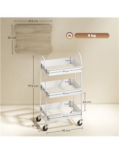 HOMCOM 3-Tier Kitchen Storage Trolley with on Wheels Cover Top Board - White and Oak
