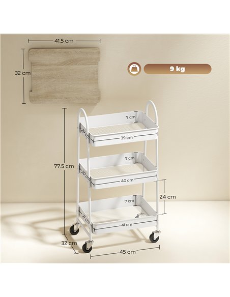 HOMCOM 3-Tier Kitchen Storage Trolley with on Wheels Cover Top Board - White and Oak - pic 171026 | FastDaddyshop
