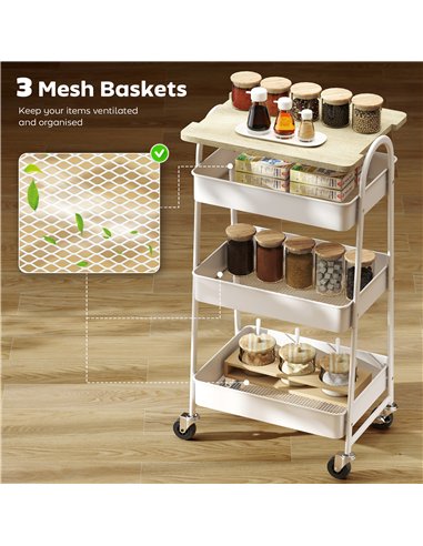 HOMCOM 3-Tier Kitchen Storage Trolley with on Wheels Cover Top Board - White and Oak