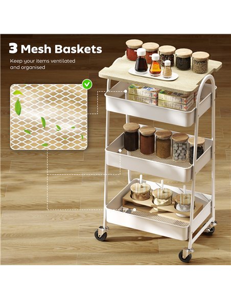 HOMCOM 3-Tier Kitchen Storage Trolley with on Wheels Cover Top Board - White and Oak - pic 171027 | FastDaddyshop