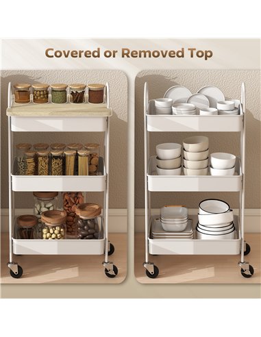 HOMCOM 3-Tier Kitchen Storage Trolley with on Wheels Cover Top Board - White and Oak