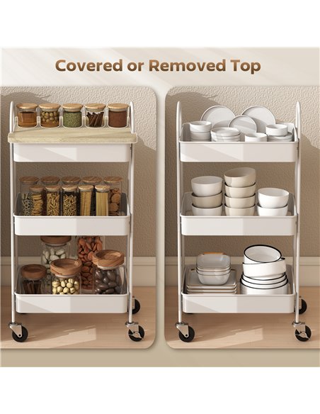 HOMCOM 3-Tier Kitchen Storage Trolley with on Wheels Cover Top Board - White and Oak - pic 171028 | FastDaddyshop