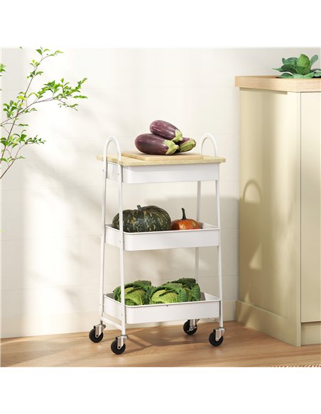 HOMCOM 3-Tier Kitchen Storage Trolley with on Wheels Cover Top Board - White and Oak - pic 171030 | FastDaddyshop
