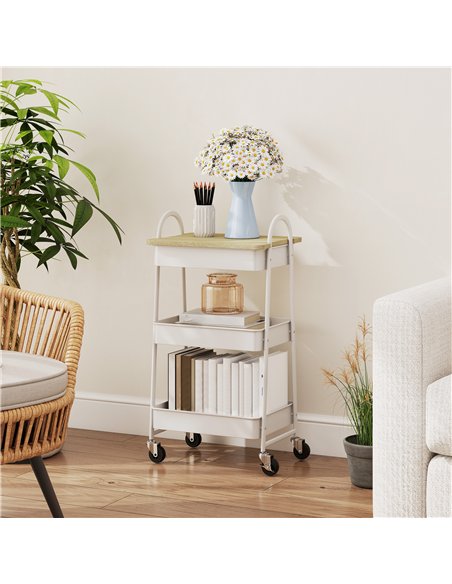 HOMCOM 3-Tier Kitchen Storage Trolley with on Wheels Cover Top Board - White and Oak - pic 171031 | FastDaddyshop