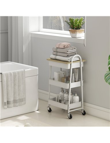 HOMCOM 3-Tier Kitchen Storage Trolley with on Wheels Cover Top Board - White and Oak