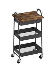 HOMCOM 3-Tier Kitchen Storage Trolley with on Wheels Cover Top Board - Rustic Brown and Black