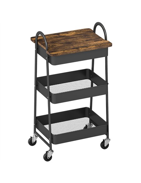 HOMCOM 3-Tier Kitchen Storage Trolley with on Wheels Cover Top Board - Rustic Brown and Black - pic 171033 | FastDaddyshop