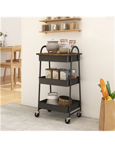 HOMCOM 3-Tier Kitchen Storage Trolley with on Wheels Cover Top Board - Rustic Brown and Black 2