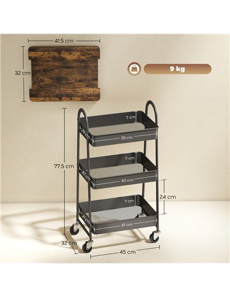 HOMCOM 3-Tier Kitchen Storage Trolley with on Wheels Cover Top Board - Rustic Brown and Black - pic 171035 | FastDaddyshop