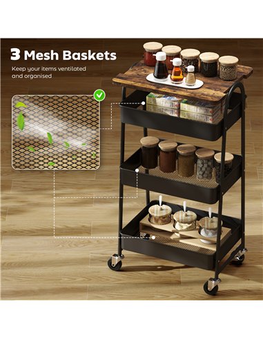 HOMCOM 3-Tier Kitchen Storage Trolley with on Wheels Cover Top Board - Rustic Brown and Black