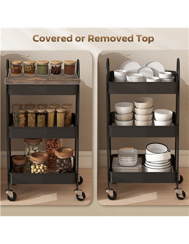 HOMCOM 3-Tier Kitchen Storage Trolley with on Wheels Cover Top Board - Rustic Brown and Black