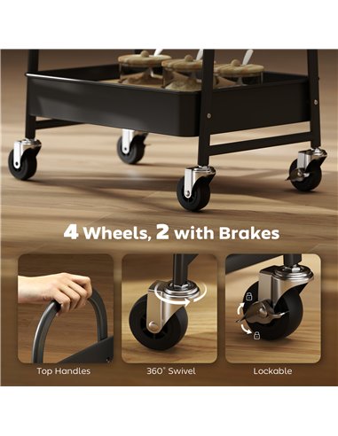 HOMCOM 3-Tier Kitchen Storage Trolley with on Wheels Cover Top Board - Rustic Brown and Black