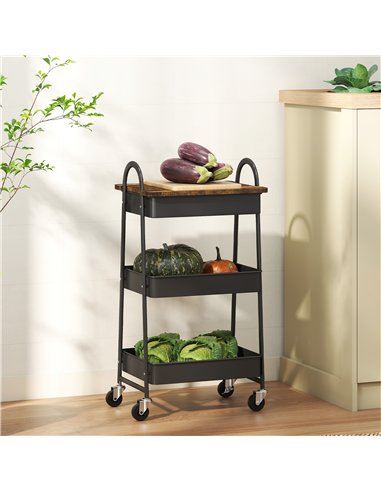 HOMCOM 3-Tier Kitchen Storage Trolley with on Wheels Cover Top Board - Rustic Brown and Black