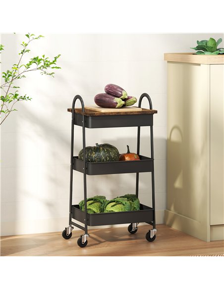 HOMCOM 3-Tier Kitchen Storage Trolley with on Wheels Cover Top Board - Rustic Brown and Black - pic 171039 | FastDaddyshop