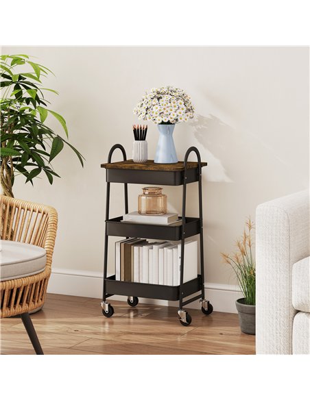 HOMCOM 3-Tier Kitchen Storage Trolley with on Wheels Cover Top Board - Rustic Brown and Black - pic 171040 | FastDaddyshop