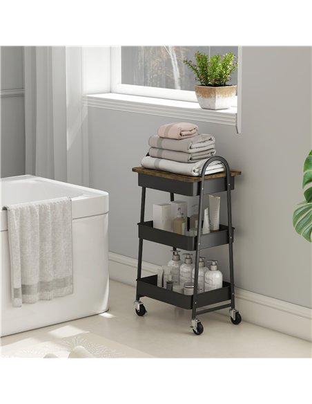 HOMCOM 3-Tier Kitchen Storage Trolley with on Wheels Cover Top Board - Rustic Brown and Black - pic 171041 | FastDaddyshop