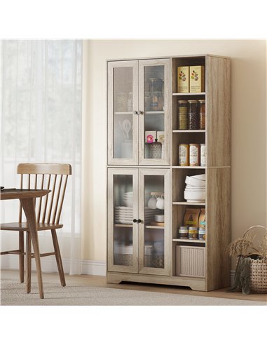 HOMCOM Multi-Storage Kitchen Cabinet, with Glass Doors - Grey Wood-Effect