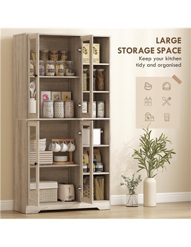 HOMCOM Multi-Storage Kitchen Cabinet, with Glass Doors - Grey Wood-Effect