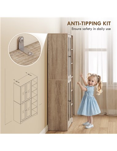 HOMCOM Multi-Storage Kitchen Cabinet, with Glass Doors - Grey Wood-Effect