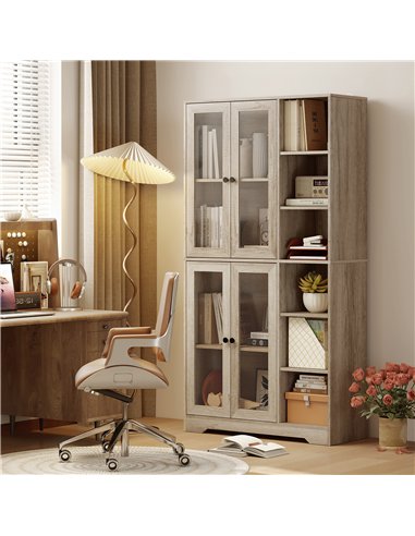 HOMCOM Multi-Storage Kitchen Cabinet, with Glass Doors - Grey Wood-Effect
