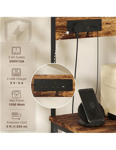 HOMCOM Bakers Rack with Power Outlet, USB Charger, Microwave Stand with Adjustable Shelves, 5 Hooks for Small Spaces, Kitchen St