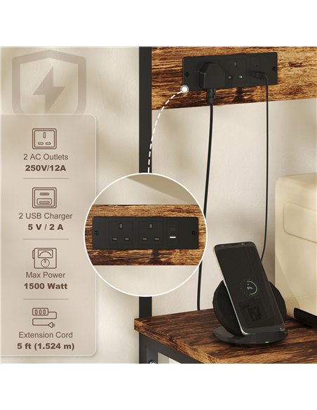HOMCOM Bakers Rack with Power Outlet, USB Charger, Microwave Stand with Adjustable Shelves, 5 Hooks for Small Spaces, Kitchen St - pic 171063 | FastDaddyshop