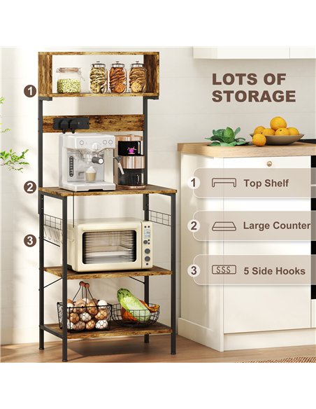 HOMCOM Bakers Rack with Power Outlet, USB Charger, Microwave Stand with Adjustable Shelves, 5 Hooks for Small Spaces, Kitchen St - pic 171065 | FastDaddyshop