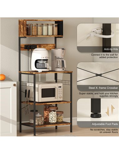 HOMCOM Bakers Rack with Power Outlet, USB Charger, Microwave Stand with Adjustable Shelves, 5 Hooks for Small Spaces, Kitchen St