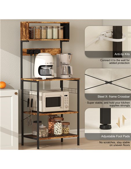 HOMCOM Bakers Rack with Power Outlet, USB Charger, Microwave Stand with Adjustable Shelves, 5 Hooks for Small Spaces, Kitchen St - pic 171066 | FastDaddyshop