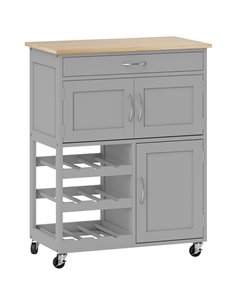 HOMCOM Modern Kitchen Trolley, Rolling Island Storage Cart with Drawer, 9-bottle Wine Rack, Door Cabinets, Wooden Countertop, Gr