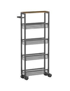 HOMCOM Slim Storage Trolley, 5-Tier Kitchen Cart on Wheels with Wood-effect Top, Handle for Living Room, Bathroom, Black