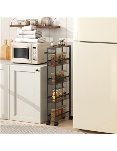 HOMCOM Slim Storage Trolley, 5-Tier Kitchen Cart on Wheels with Wood-effect Top, Handle for Living Room, Bathroom, Black