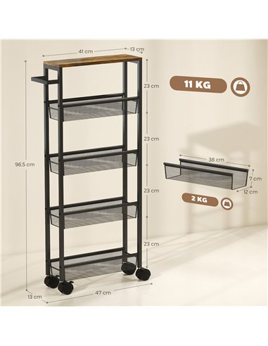 HOMCOM Slim Storage Trolley, 5-Tier Kitchen Cart on Wheels with Wood-effect Top, Handle for Living Room, Bathroom, Black