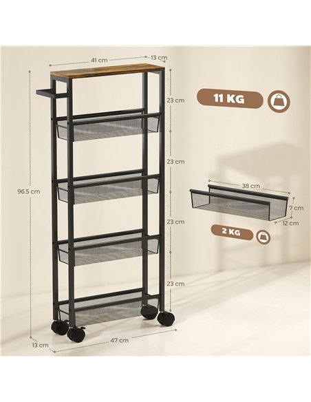 HOMCOM Slim Storage Trolley, 5-Tier Kitchen Cart on Wheels with Wood-effect Top, Handle for Living Room, Bathroom, Black - pic 171098 | FastDaddyshop