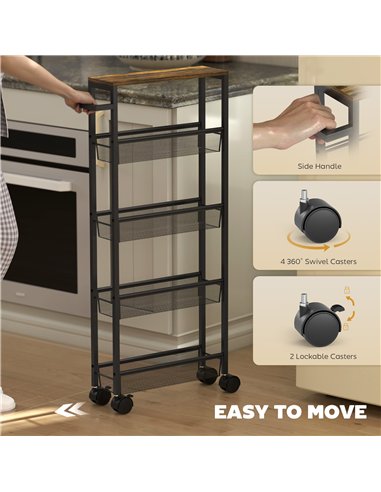 HOMCOM Slim Storage Trolley, 5-Tier Kitchen Cart on Wheels with Wood-effect Top, Handle for Living Room, Bathroom, Black