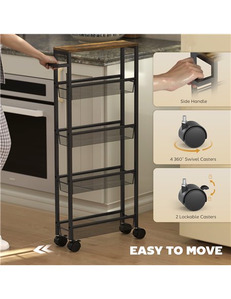 HOMCOM Slim Storage Trolley, 5-Tier Kitchen Cart on Wheels with Wood-effect Top, Handle for Living Room, Bathroom, Black - pic 171101 | FastDaddyshop
