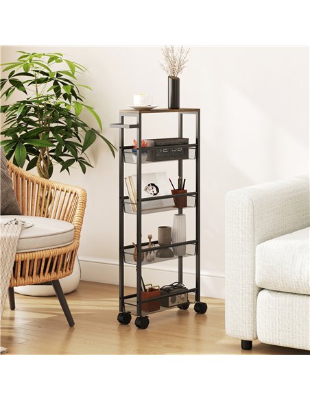 HOMCOM Slim Storage Trolley, 5-Tier Kitchen Cart on Wheels with Wood-effect Top, Handle for Living Room, Bathroom, Black - pic 171102 | FastDaddyshop