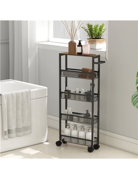 HOMCOM Slim Storage Trolley, 5-Tier Kitchen Cart on Wheels with Wood-effect Top, Handle for Living Room, Bathroom, Black - pic 171103 | FastDaddyshop
