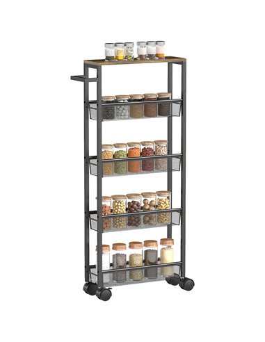 HOMCOM Slim Storage Trolley, 5-Tier Kitchen Cart on Wheels with Wood-effect Top, Handle for Living Room, Bathroom, Black